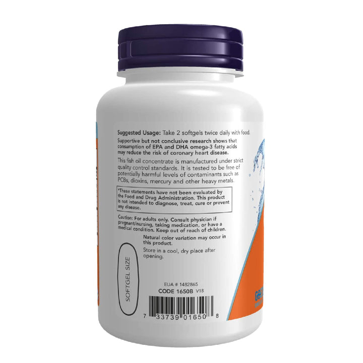 NOW Omega-3 180 EPA / 120 DHA, Molecularly Distilled, Cardiovascular Support*, 100 Softgels - Halt
